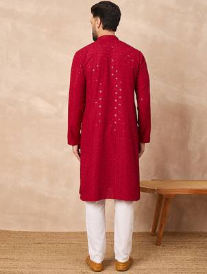 Men maroon viscose rayon solid embroidered straight kurta 4