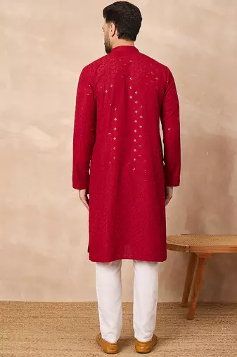 Men maroon viscose rayon solid embroidered straight kurta