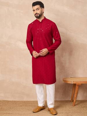 Men maroon viscose rayon solid embroidered straight kurta 5