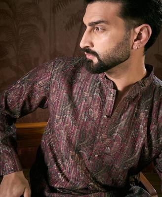 Men purple silk blend ethnic motifs printed straight kurta with trouser 1