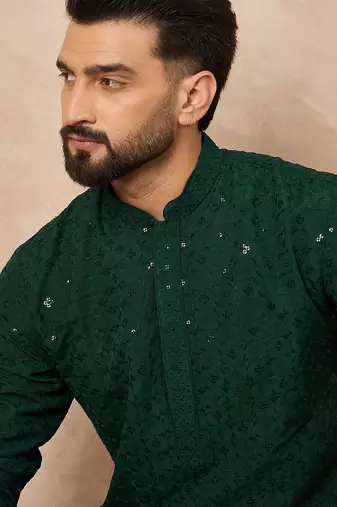 Men green viscose rayon solid embroidered straight kurta