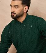 Men green viscose rayon solid embroidered straight kurta