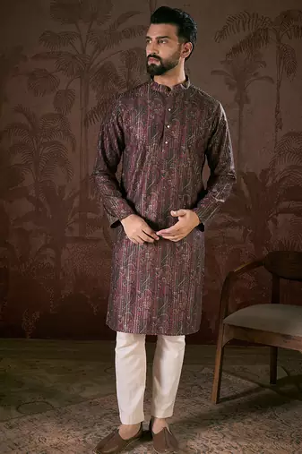 Men purple silk blend ethnic motifs printed straight kurta with trouser