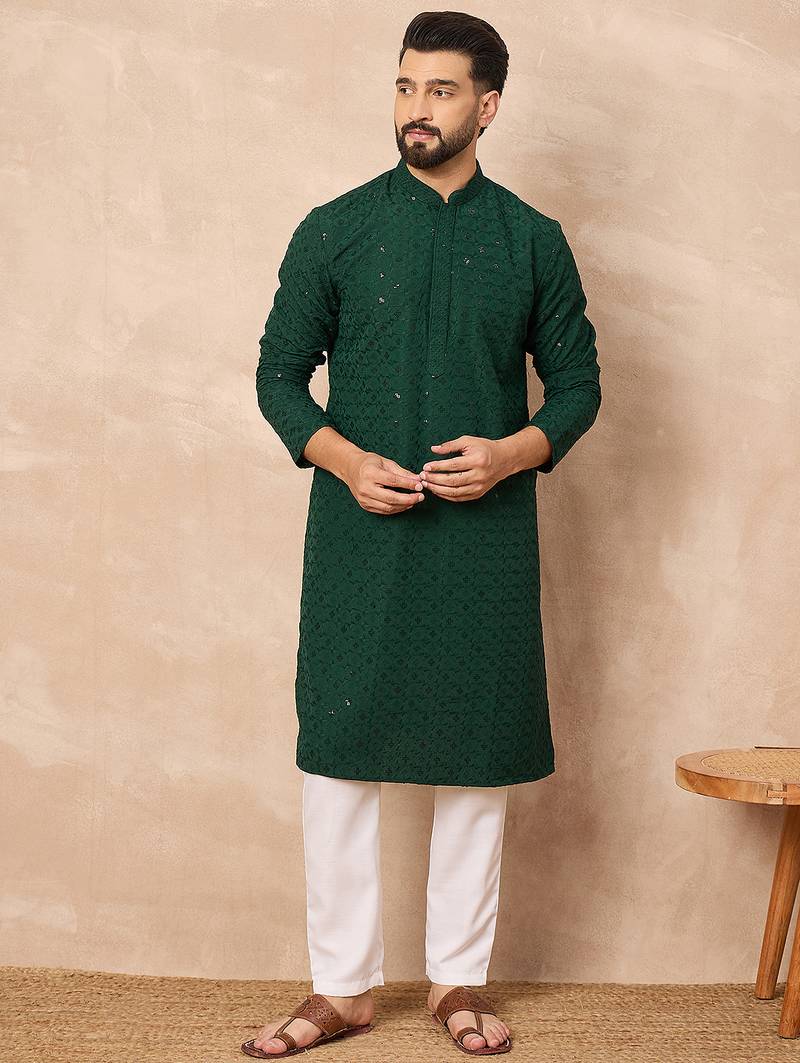 Men green viscose rayon solid embroidered straight kurta