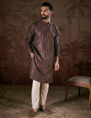 Men purple silk blend ethnic motifs printed straight kurta with trouser 3