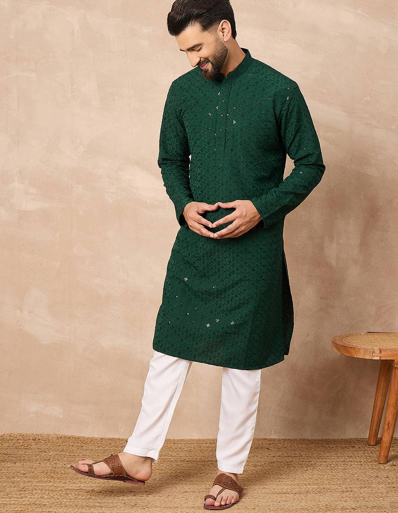 Men green viscose rayon solid embroidered straight kurta