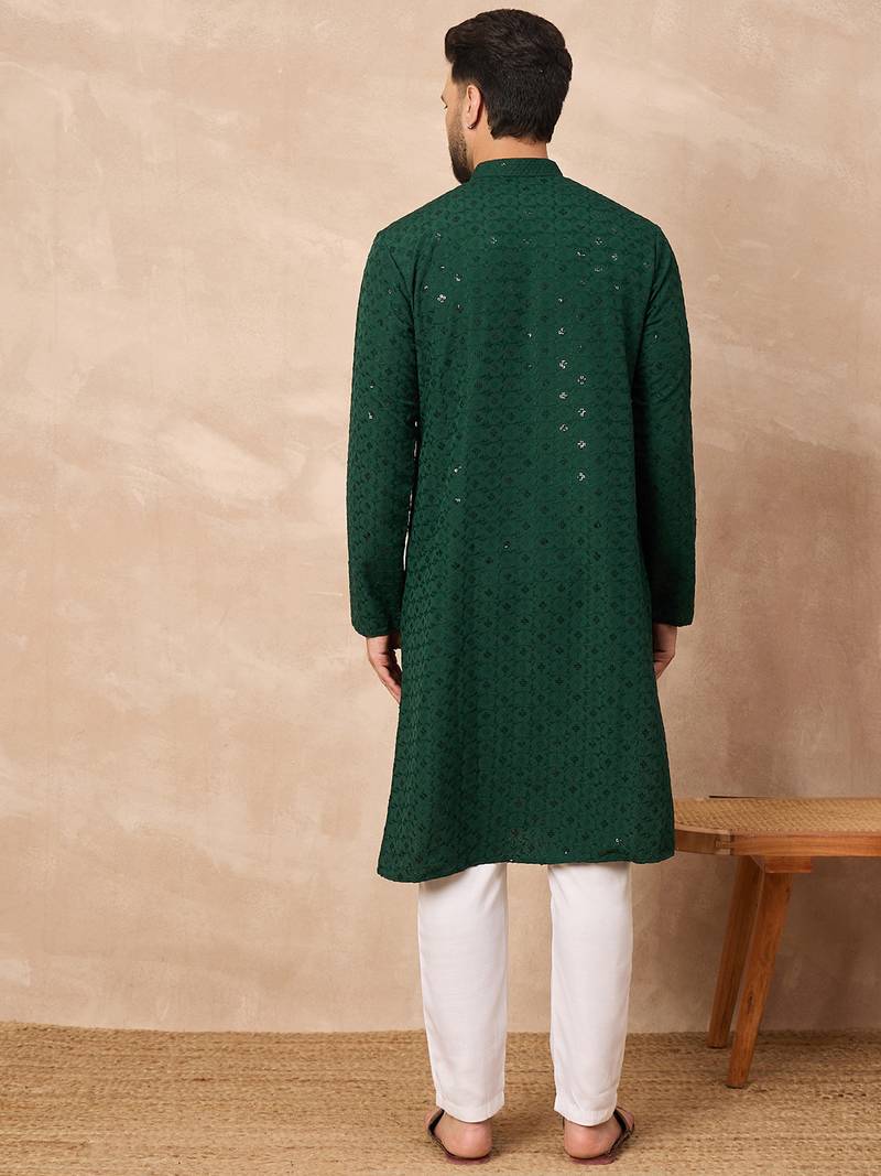 Men green viscose rayon solid embroidered straight kurta