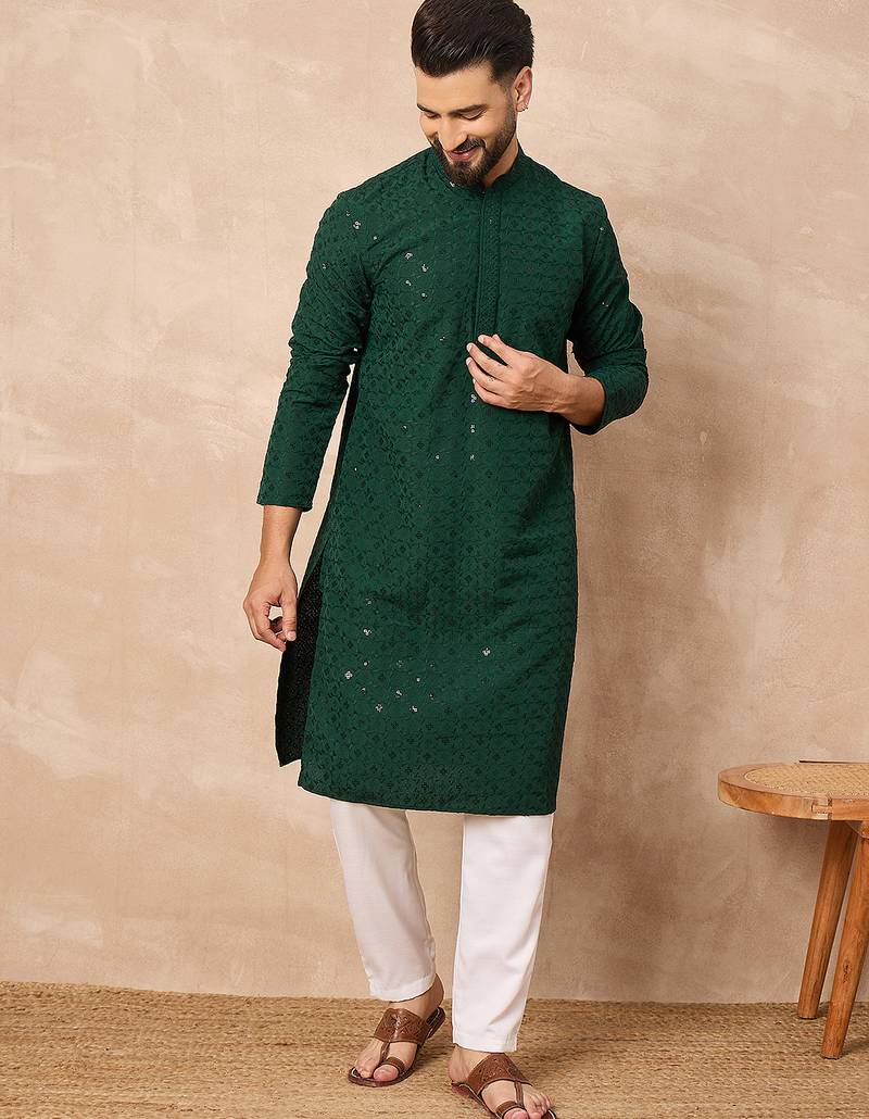 Men green viscose rayon solid embroidered straight kurta