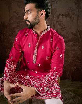Men pink silk blend solid embroidered straight kurta with trouser 1