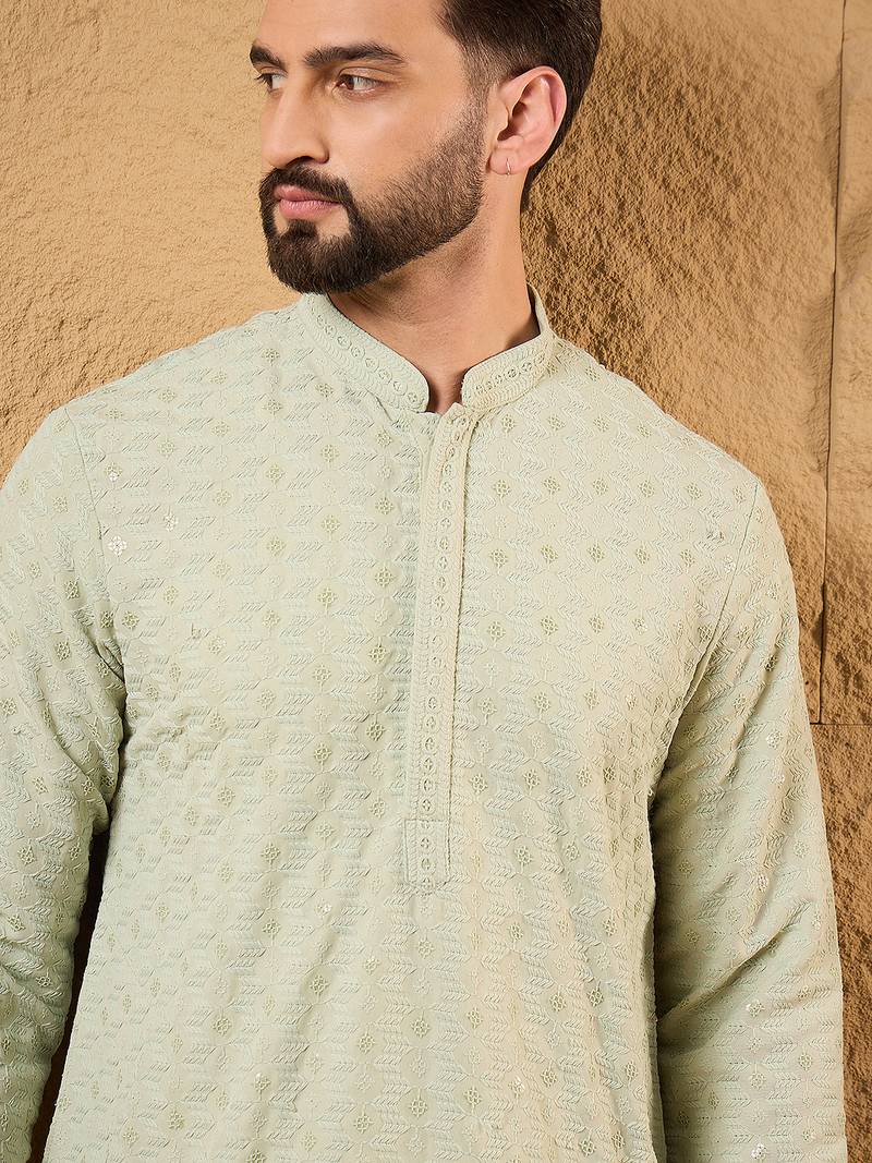 Men green rayon blend solid embroidered straight kurta