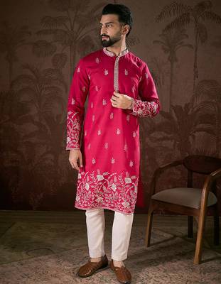 Men pink silk blend solid embroidered straight kurta with trouser 2