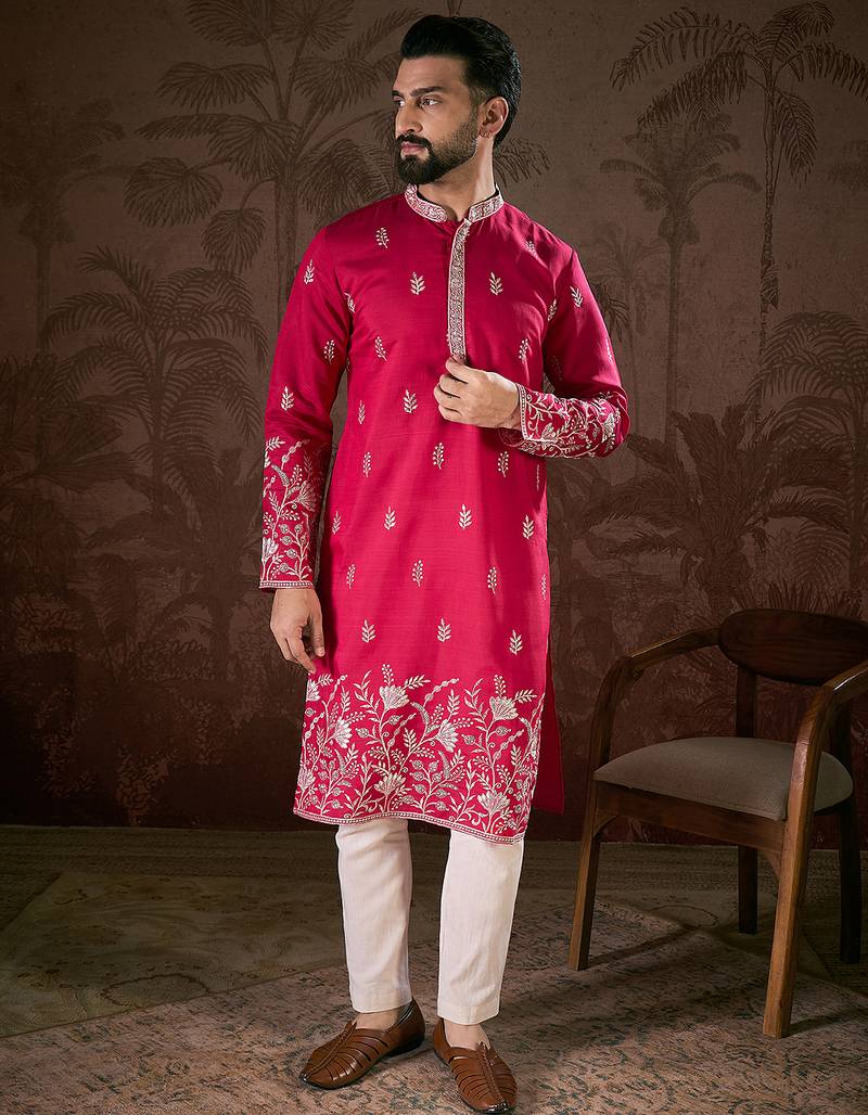 Men pink silk blend solid embroidered straight kurta with trouser