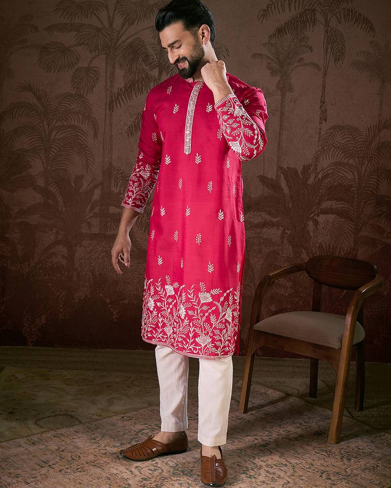 Men pink silk blend solid embroidered straight kurta with trouser