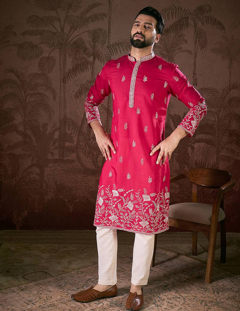 Men pink silk blend solid embroidered straight kurta with trouser