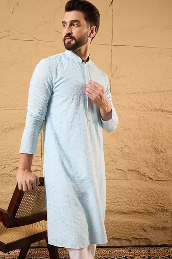 Men blue rayon blend solid embroidered straight kurta