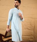 Men blue rayon blend solid embroidered straight kurta