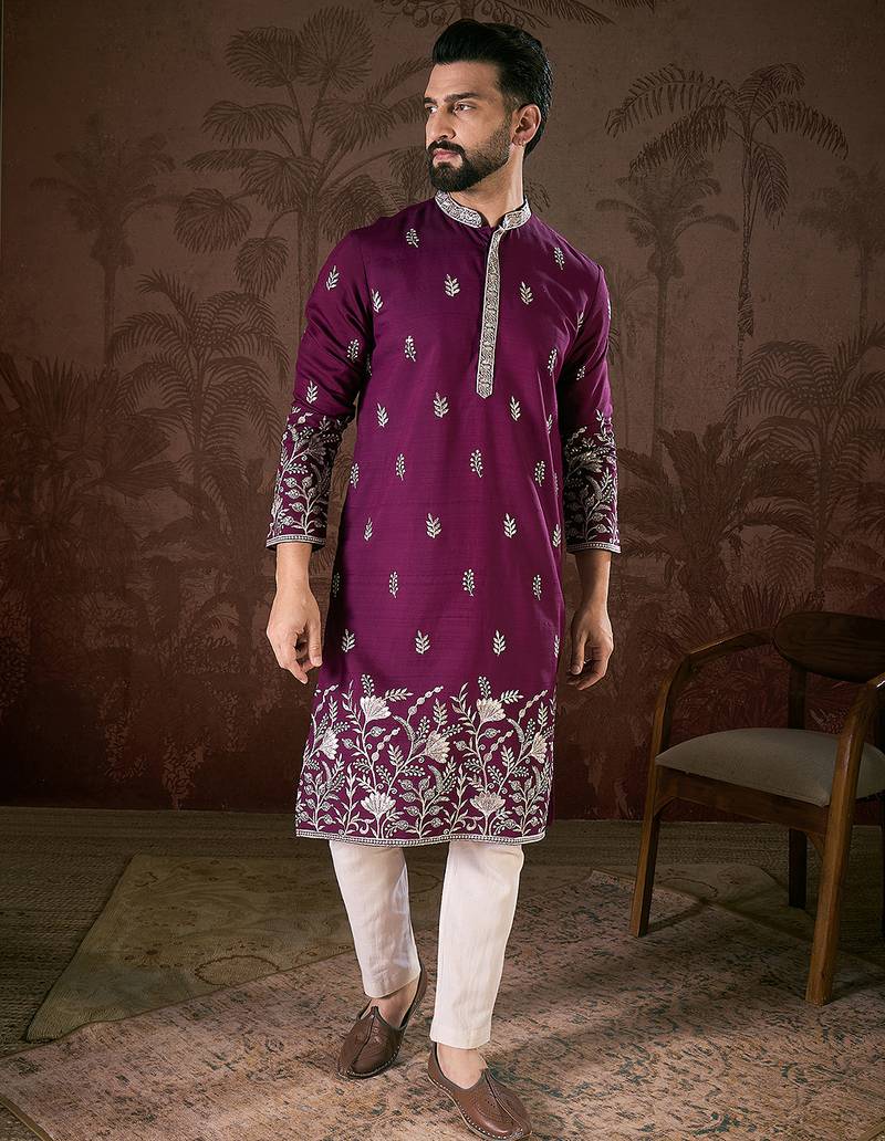 Men purple silk blend solid embroidered straight kurta with trouser
