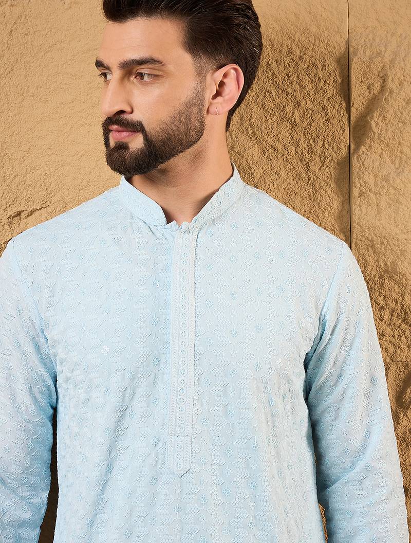 Men blue rayon blend solid embroidered straight kurta