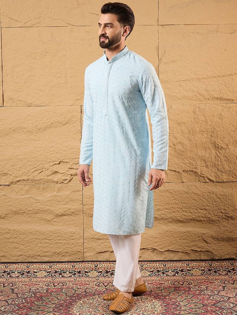 Men blue rayon blend solid embroidered straight kurta