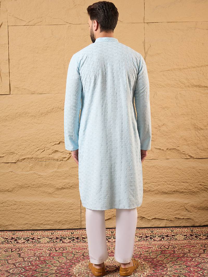 Men blue rayon blend solid embroidered straight kurta