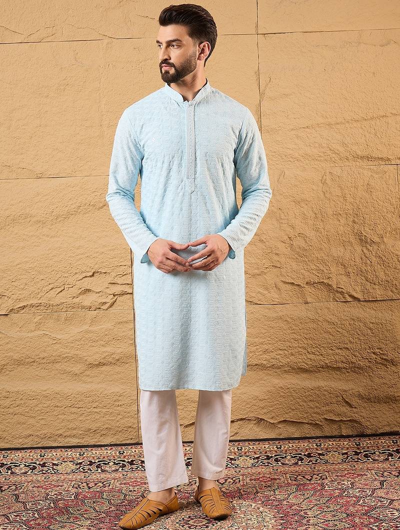 Men blue rayon blend solid embroidered straight kurta