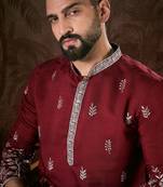 Men maroon silk blend solid embroidered straight kurta with trouser