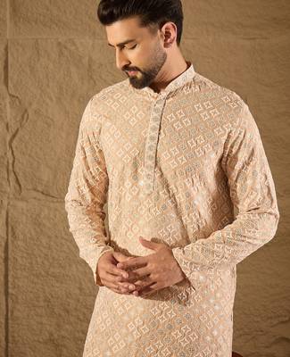 Men beige viscose rayon solid embroidered straight kurta 1