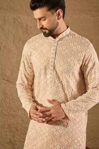 Men beige viscose rayon solid embroidered straight kurta