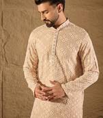Men beige viscose rayon solid embroidered straight kurta