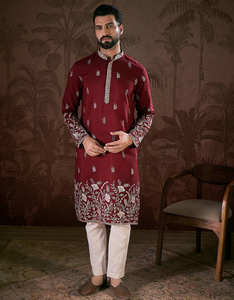 Men maroon silk blend solid embroidered straight kurta with trouser