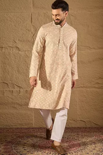 Men beige viscose rayon solid embroidered straight kurta