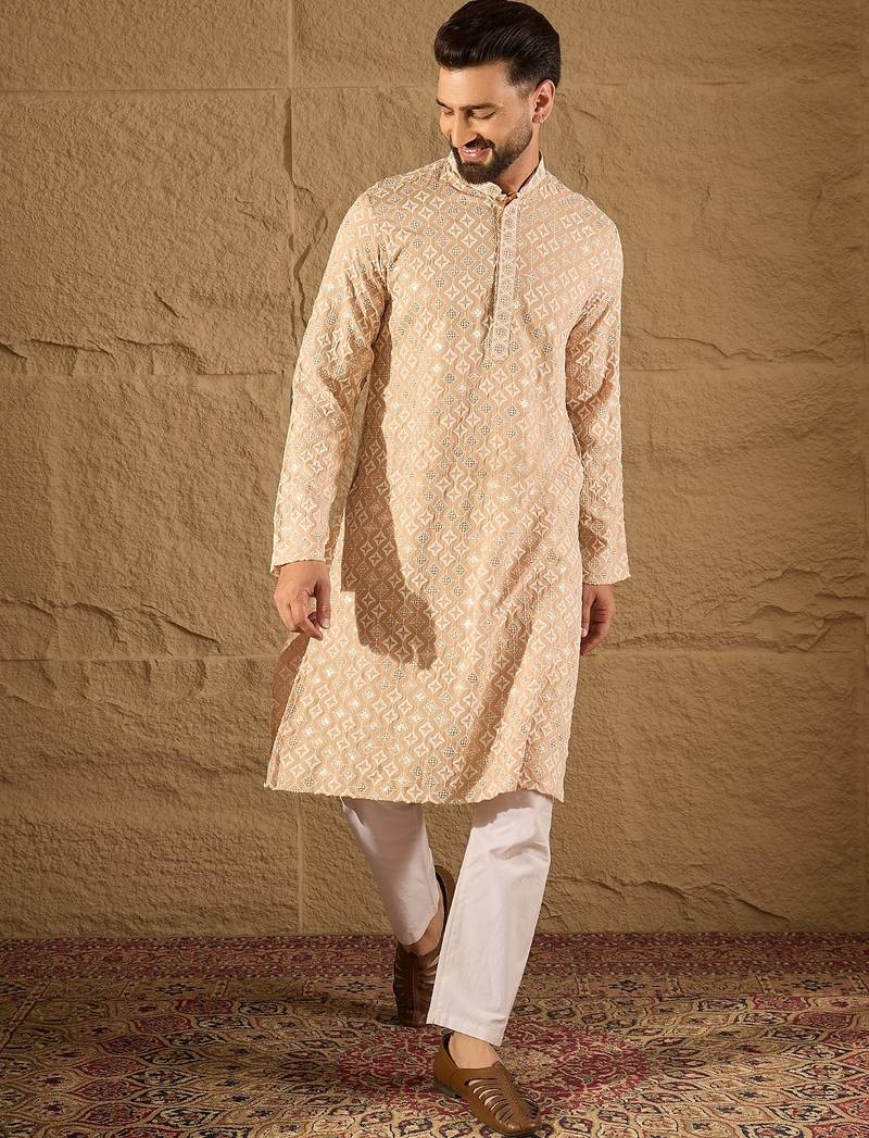 Men beige viscose rayon solid embroidered straight kurta