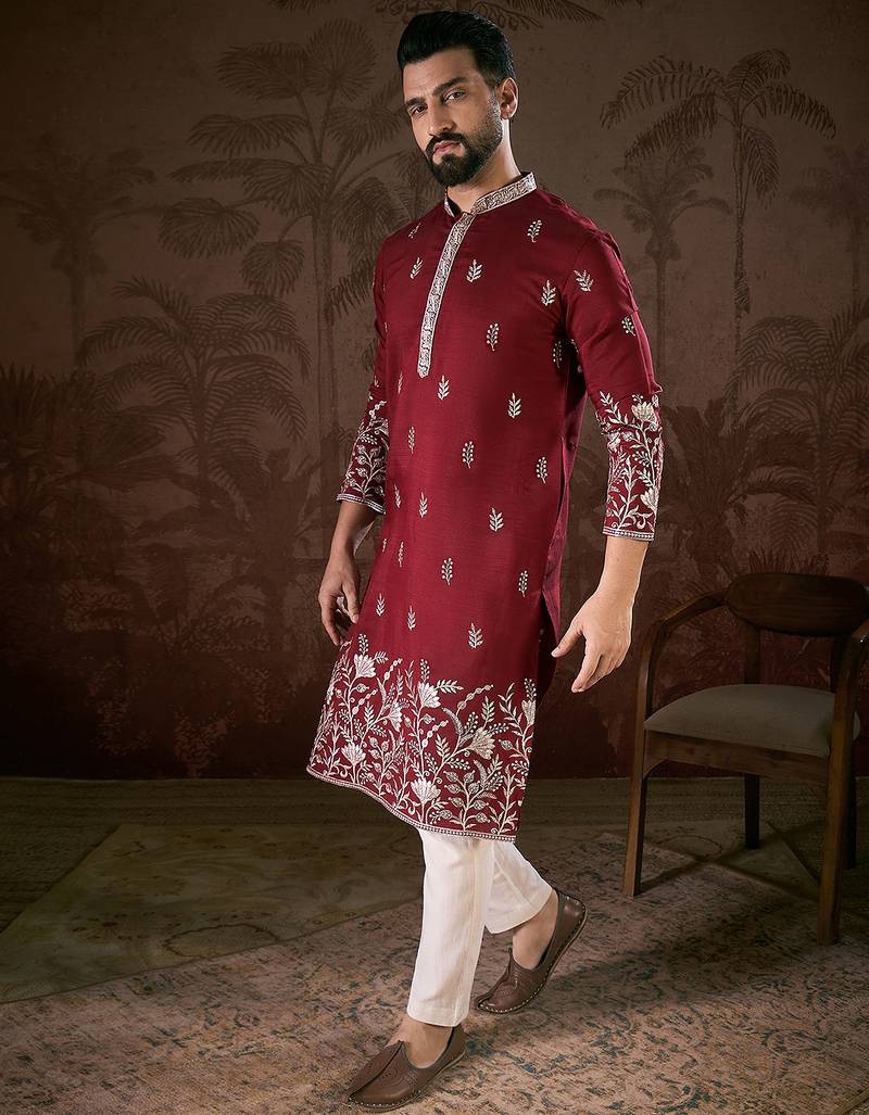 Men maroon silk blend solid embroidered straight kurta with trouser