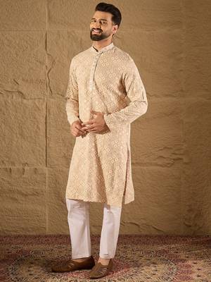 Men beige viscose rayon solid embroidered straight kurta 3