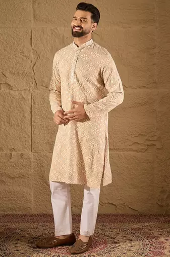 Men beige viscose rayon solid embroidered straight kurta
