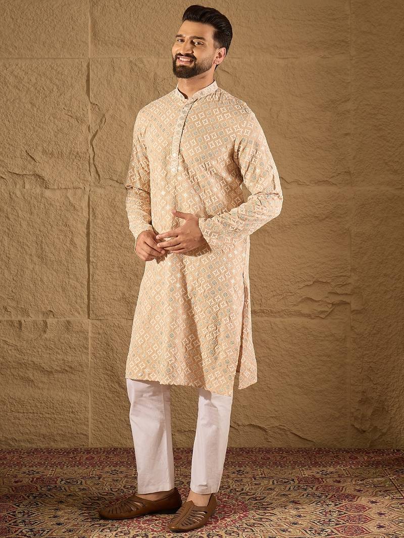 Men beige viscose rayon solid embroidered straight kurta