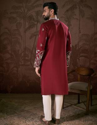 Men maroon silk blend solid embroidered straight kurta with trouser 4