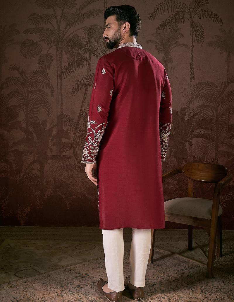 Men maroon silk blend solid embroidered straight kurta with trouser