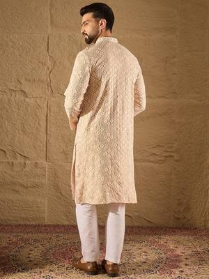 Men beige viscose rayon solid embroidered straight kurta 4