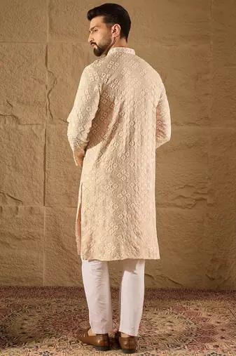 Men beige viscose rayon solid embroidered straight kurta