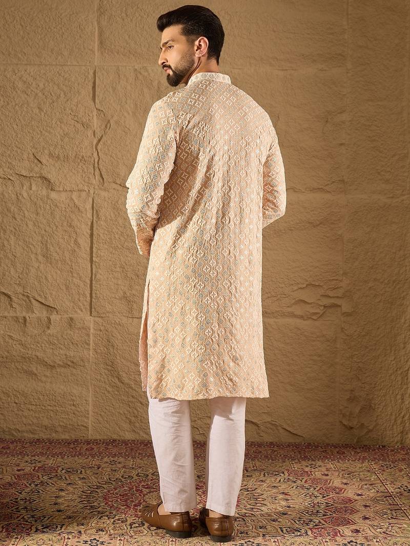 Men beige viscose rayon solid embroidered straight kurta