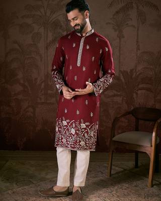 Men maroon silk blend solid embroidered straight kurta with trouser 5