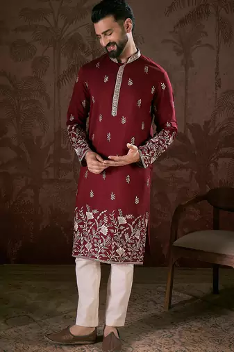 Men maroon silk blend solid embroidered straight kurta with trouser