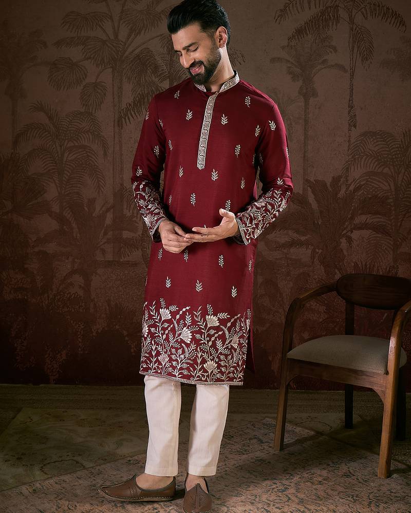 Men maroon silk blend solid embroidered straight kurta with trouser