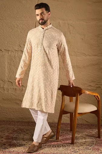 Men beige viscose rayon solid embroidered straight kurta