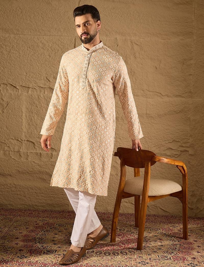 Men beige viscose rayon solid embroidered straight kurta