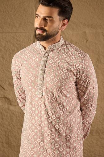 Men pink viscose rayon solid embroidered straight kurta