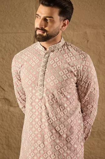 Men pink viscose rayon solid embroidered straight kurta