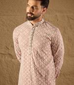 Men pink viscose rayon solid embroidered straight kurta