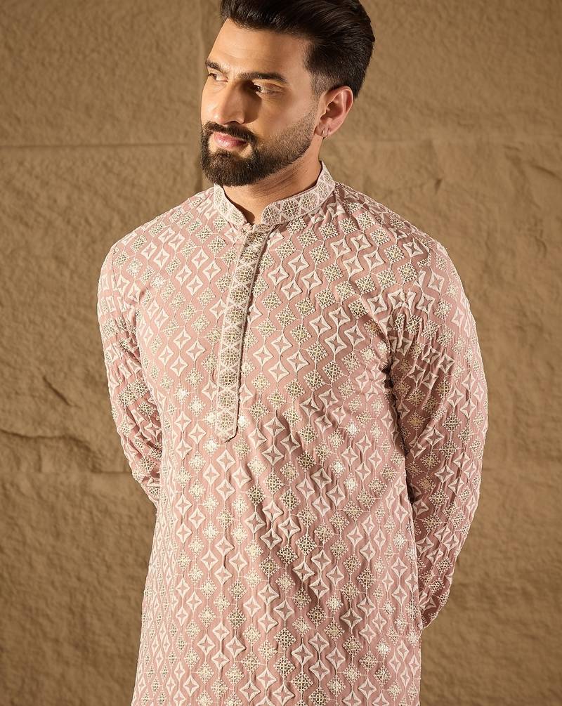 Men pink viscose rayon solid embroidered straight kurta